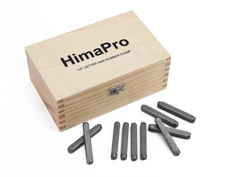 HimaPro Letter and Number Stamp Set 36pcs 40Cr Alloy Steel Metal Stamp Number & Letter Punch Set in a Wooden case (6mm 1/4 Inch) - Image 1